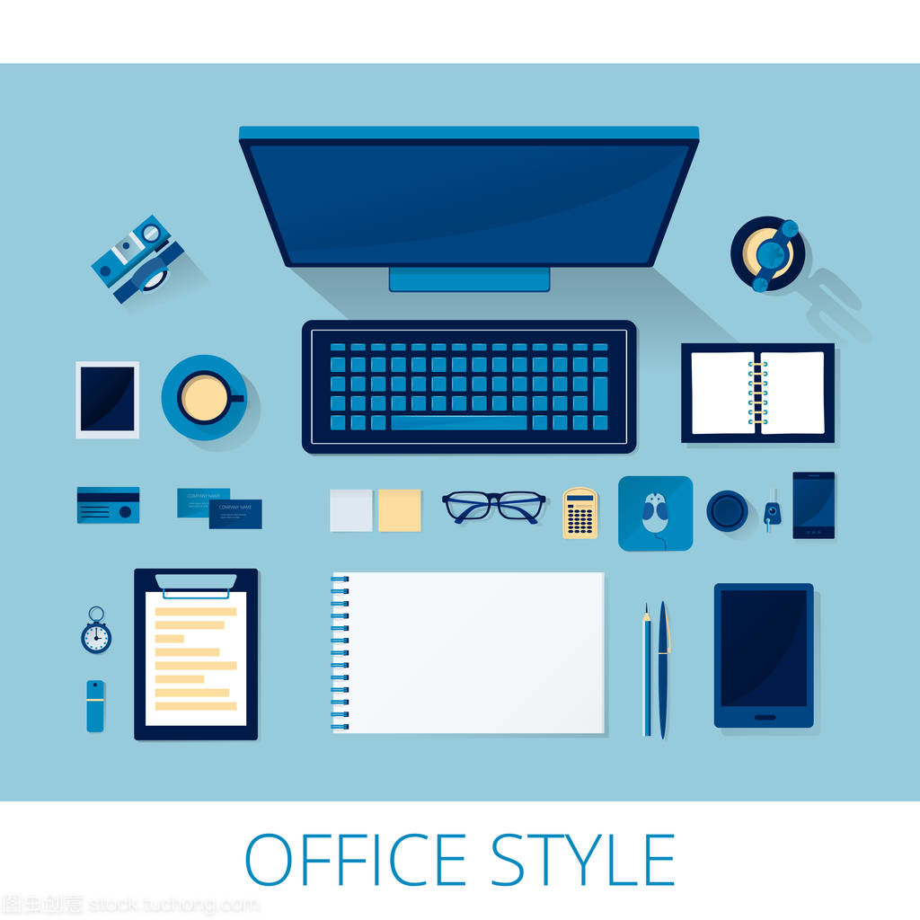 井然有序，高效之源 一套頂視圖下的矢量辦公用品組合